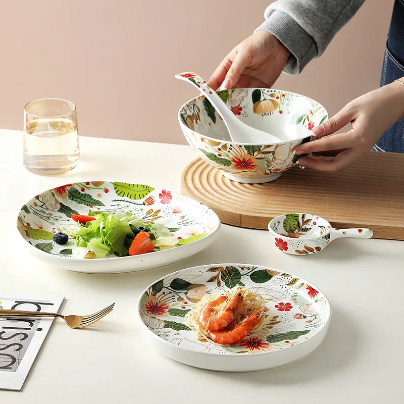 European Pastoral Ceramic Set Kitchen Tableware Bowl and Plate Spoon Plate with Wooden Handle Wooden Pallets Combination Set