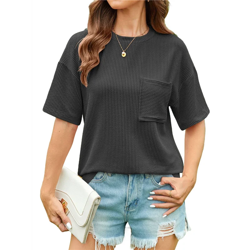 

CGS-Women's Summer Short Sleeve Tops Oversized Crewneck Textured Blouse Casual Basic Tunic Tee