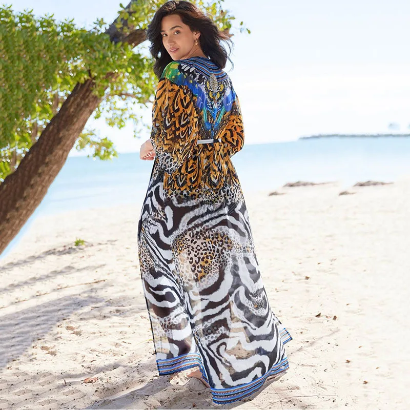 2022เซ็กซี่บิกินี่ Cover-Ups Retro เสือดาวชีฟองยาวเสื้อทรงกิโมโนเสื้อเสื้อผ้าผู้หญิงชายหาดสวมชุดว่ายน้ำ Cover Up