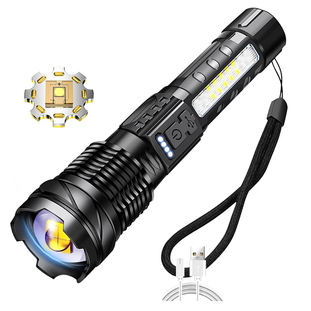 Linterna LED potente para exteriores, linterna impermeable 18650 con luz lateral, 7 modos, linterna de pesca para acampar, Zoom recargable por USB