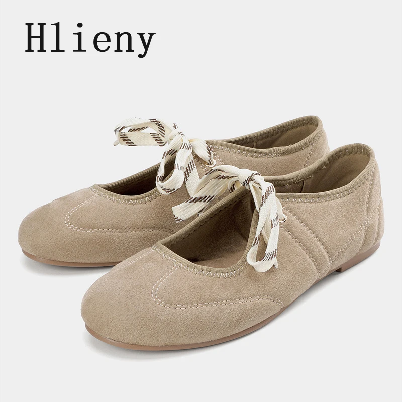 

Hlieny Spring Autumn Round Toe Flats Loafers Women Ballet Fashion Lace Up Faux Suede Shallow Concise Soft Sole Mary Jane Shoes