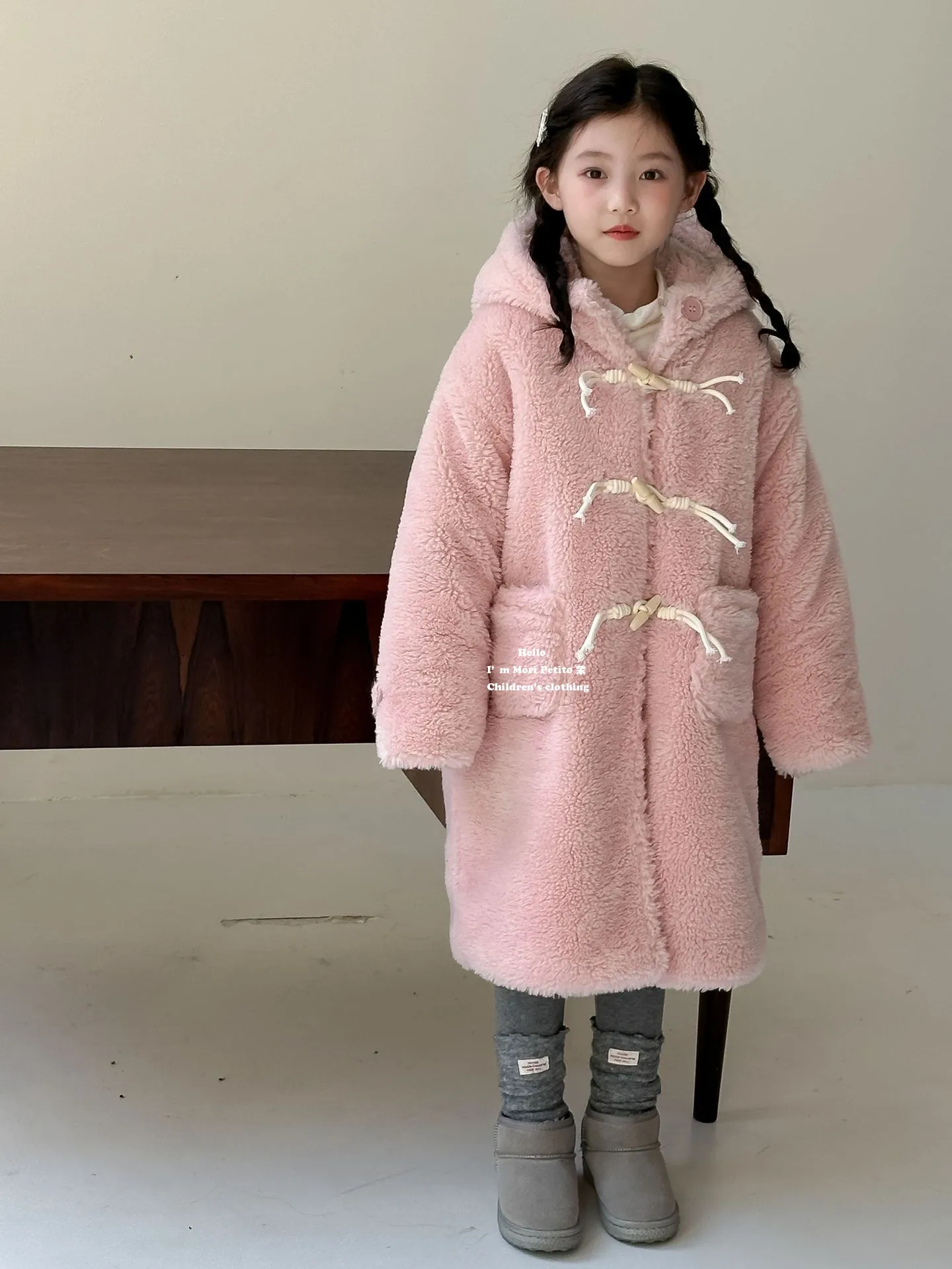 

Girl Pink Lamb Wool Coat Long Thickened Cotton-padded Jacket Warm Hooded Horn Button Fur Coat Autumn and Winter Fashion Clothes