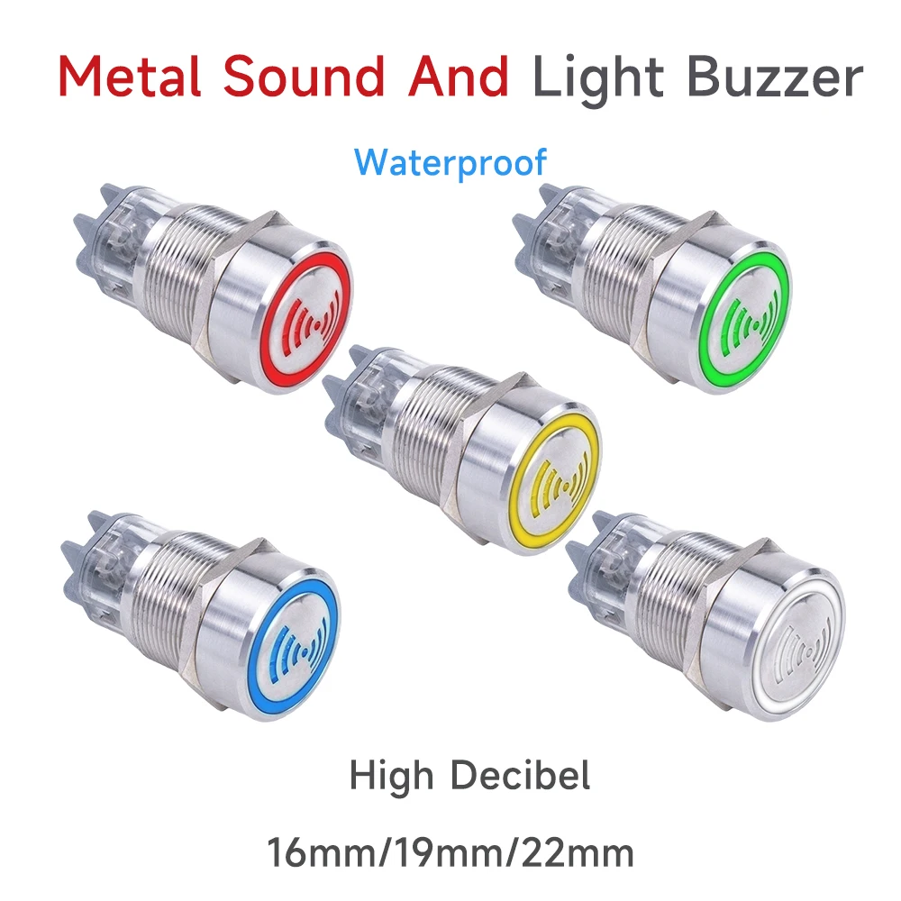 Zumbador de Metal 16mm 19mm 22mm luz LED intermitente alarma de luz y sonido activo intermitente 12V 24V impermeable nuevo