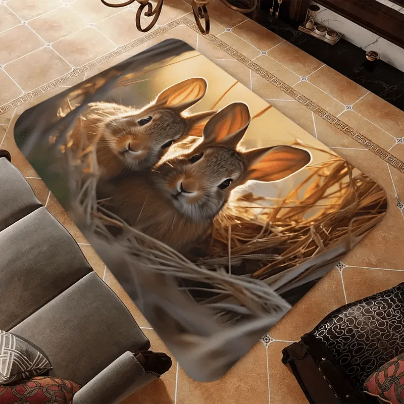 Cute Bunny Flannel Rug Two Rabbits in Hay Area Carpet Soft Non-slip Floor Mat for Living Room Bedroom Home Decor