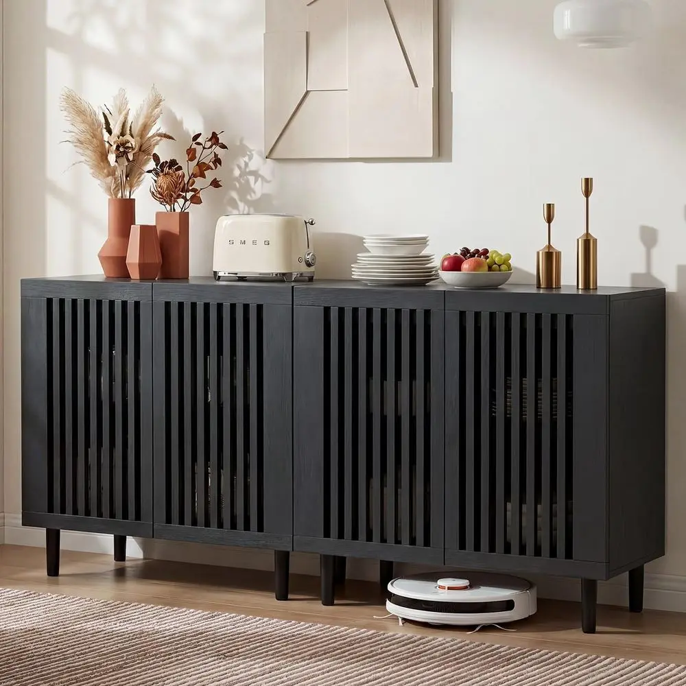

63 Wide Armhouse-Style 2-Piece Sideboard & Coffee Bar Cabinet Set with 4 Grille-Striped Doors & Adjustable Shelves, Ideal for Ki