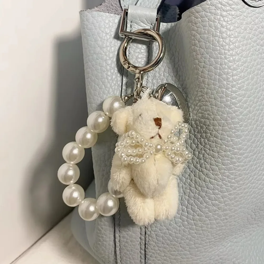 New Imitation Pearl Teddy Bear Mobile Phone Chain Gift Hanging Ornament Pendant Handbag Pendant Keychain Women Girls