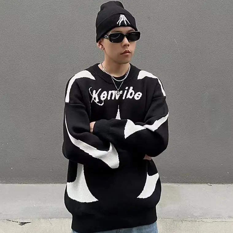 

Мужской вязаный свитер свободного кроя, осенне-зимний, больших размеров, с круглым вырезом, с буквенным принтом, повседневный трикотаж, удобный, с длинными рукавами