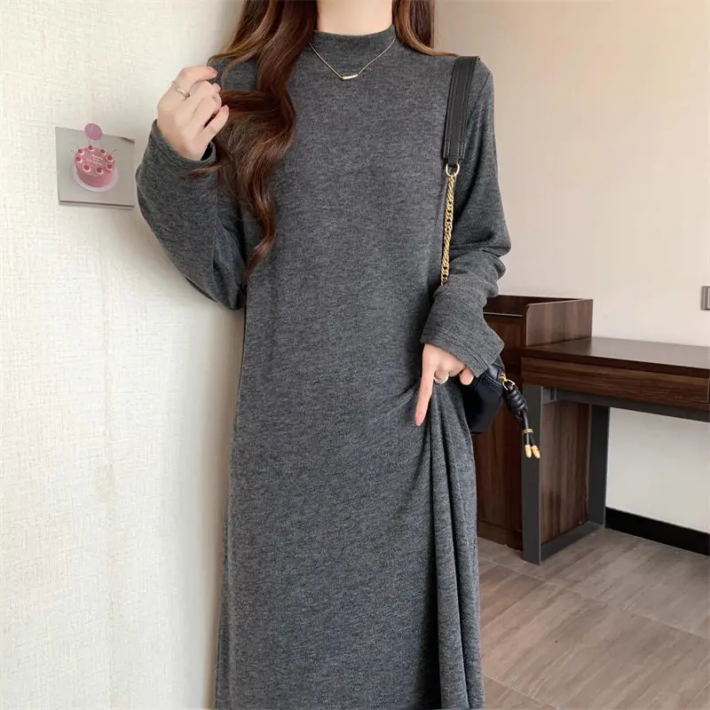 Large Size Solid Color Half High Long Sleeved Knitted Dress 2024 Spring Autumn Women\'s New Lazy Style Loose Sweater Dress Z4479