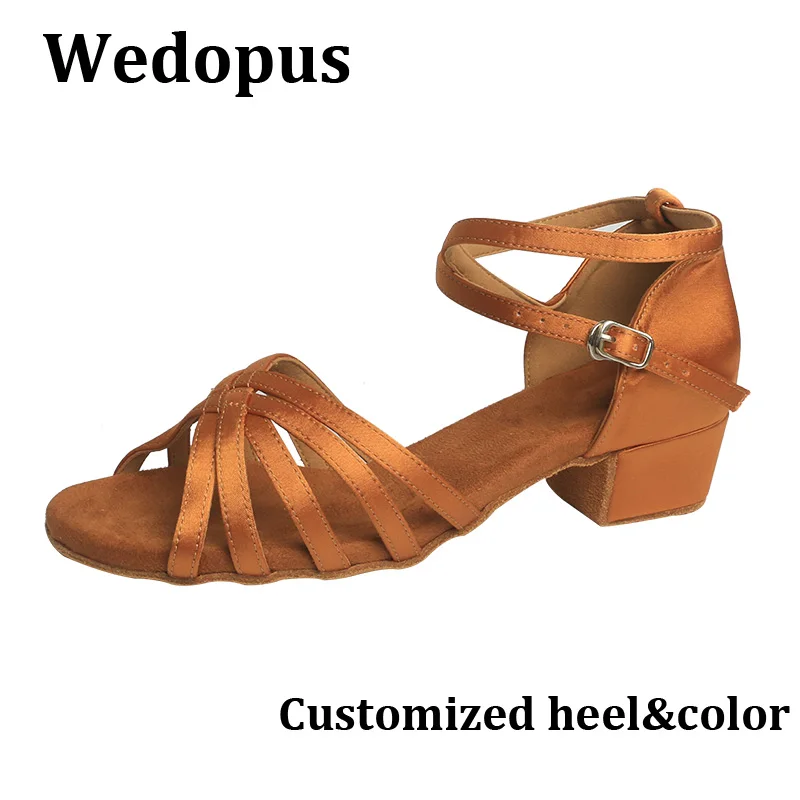 

Wedopus Customized Salsa Dance Shoes Bronze Satin 3.5CM Heel Low Heel Dance Sandals Suede Sole Women Summer Sandals