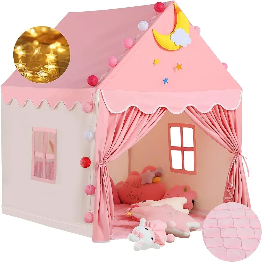 Tenda da gioco rosa con tappetino e luci a stella per i più piccoli Tenda da gioco per interni Tenda da principessa per ragazze Panno regalo per casa giocattolo