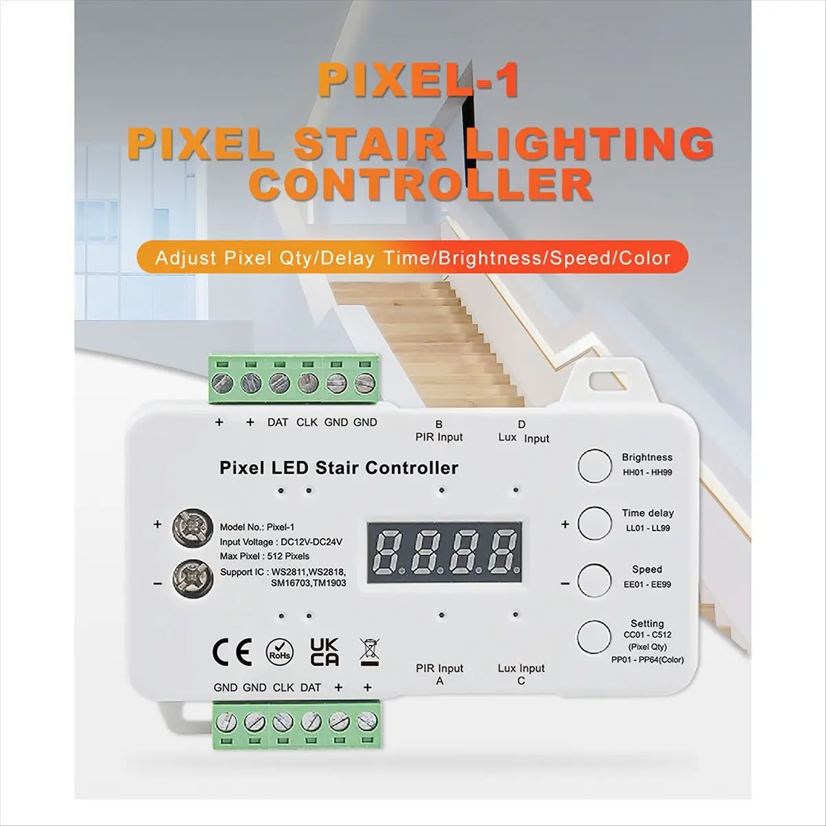 Controller per luci pixel per scale a LED con sensore di movimento Controller LED RGB con sensore di luce diurna Controller per illuminazione scale