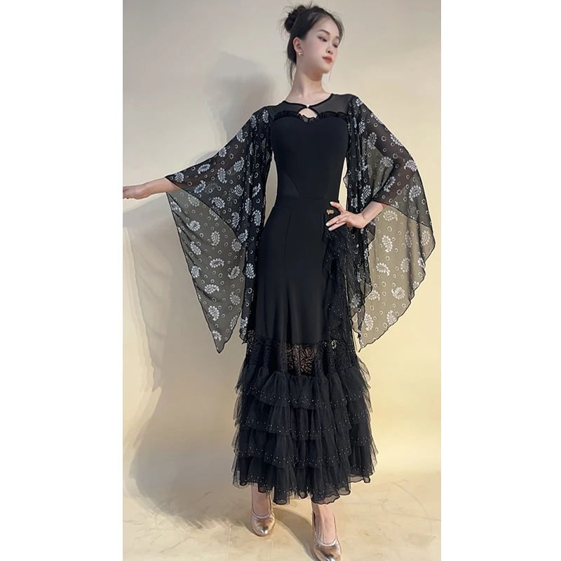 Vêtements de danse de salon pour femmes, Costume de spectacle, manches en mousseline de soie, hauts, jupe en dentelle, robe de danse valse, vêtements de compétition BL16766