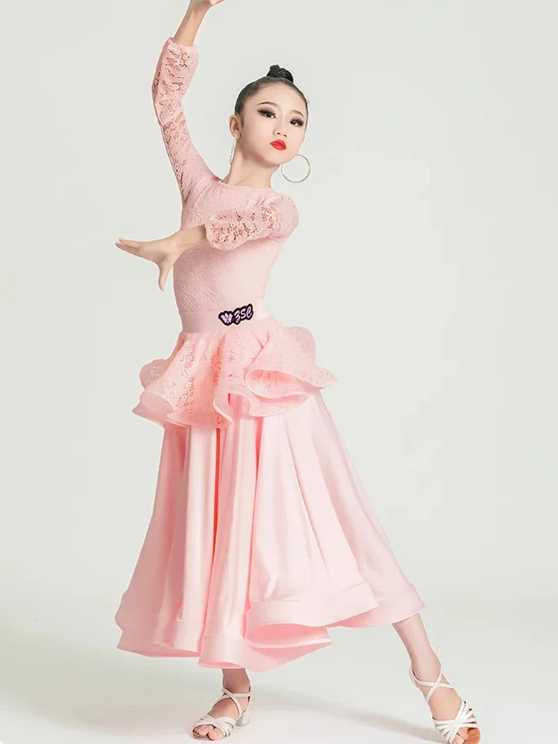 Kids Girls Modern Dance Children‘s Waltz Dance Lace Bodysuit and Big Swing Skirt Competition Practice Performance Dancewear