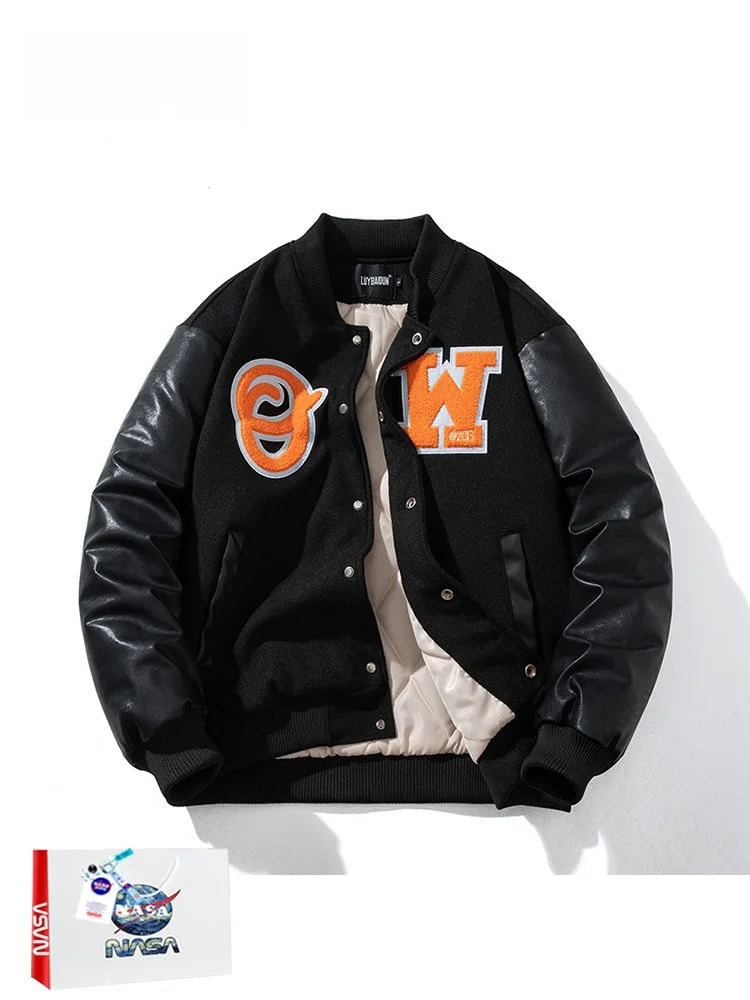 

Thiened Cotton Flights Jaet Baseball Sle for Couples Spring Autumn Winter American Retro Woolen Trendy Brand Outerwear