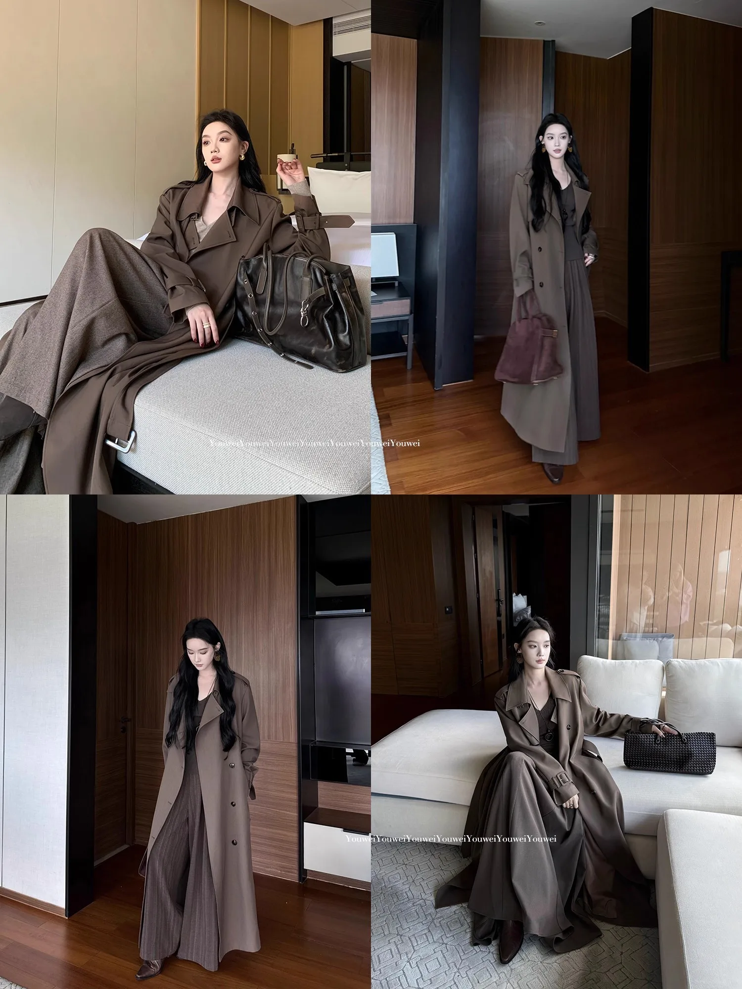 Lautaro Primavera Autunno Lungo Flowy Caffè Trench per Le Donne Cintura Doppio Petto Allentato Cappotto Casuale Abiti Coreani 2025