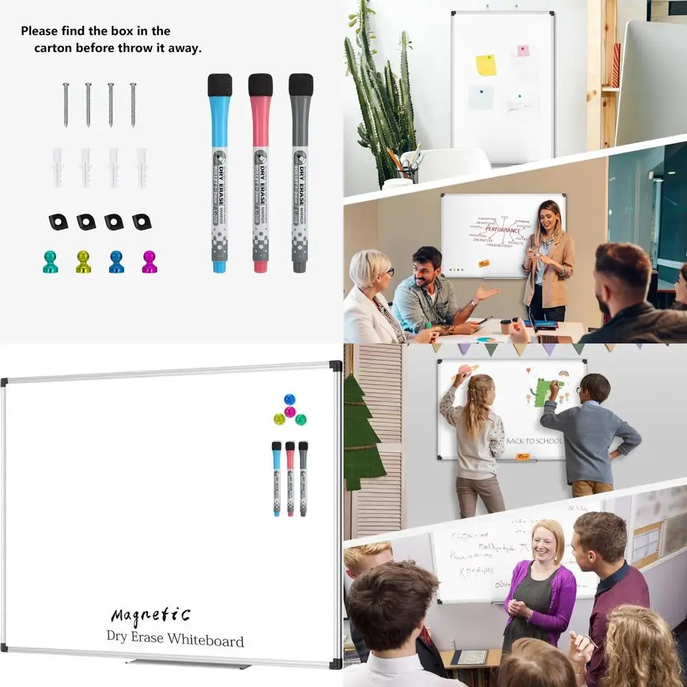 سبورة بيضاء مغناطيسية ممتازة مقاس 48 × 36 مع علبة تحديد، إطار فضي للمنزل والمكتب والفصول الدراسية