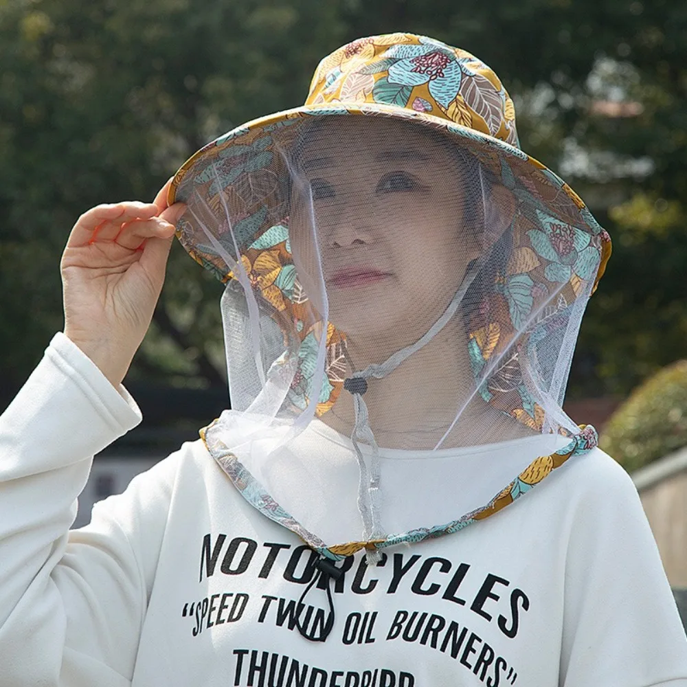 Fashion Floral Mosquito Hat Wide Brim with Net Mesh Bucket Hat Anti-UV Breathable Insect Proof Cap Summer