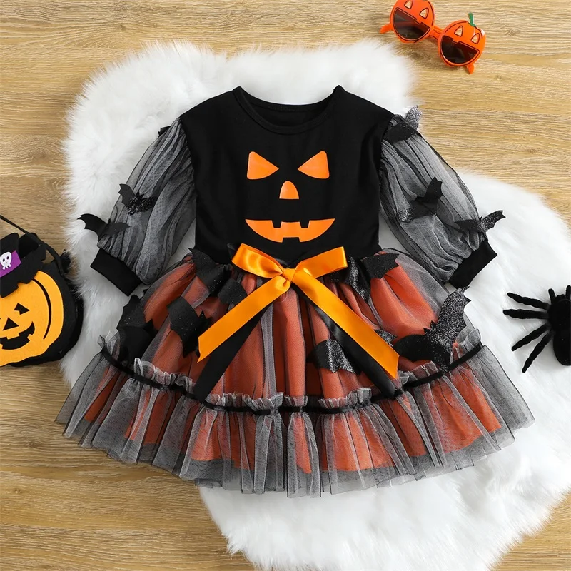 1 to 4Years Infant Girls Long Sleeve Witch Dress Printed Bat Stitching Mesh Yarn A-Line Halloween Dress For Girls