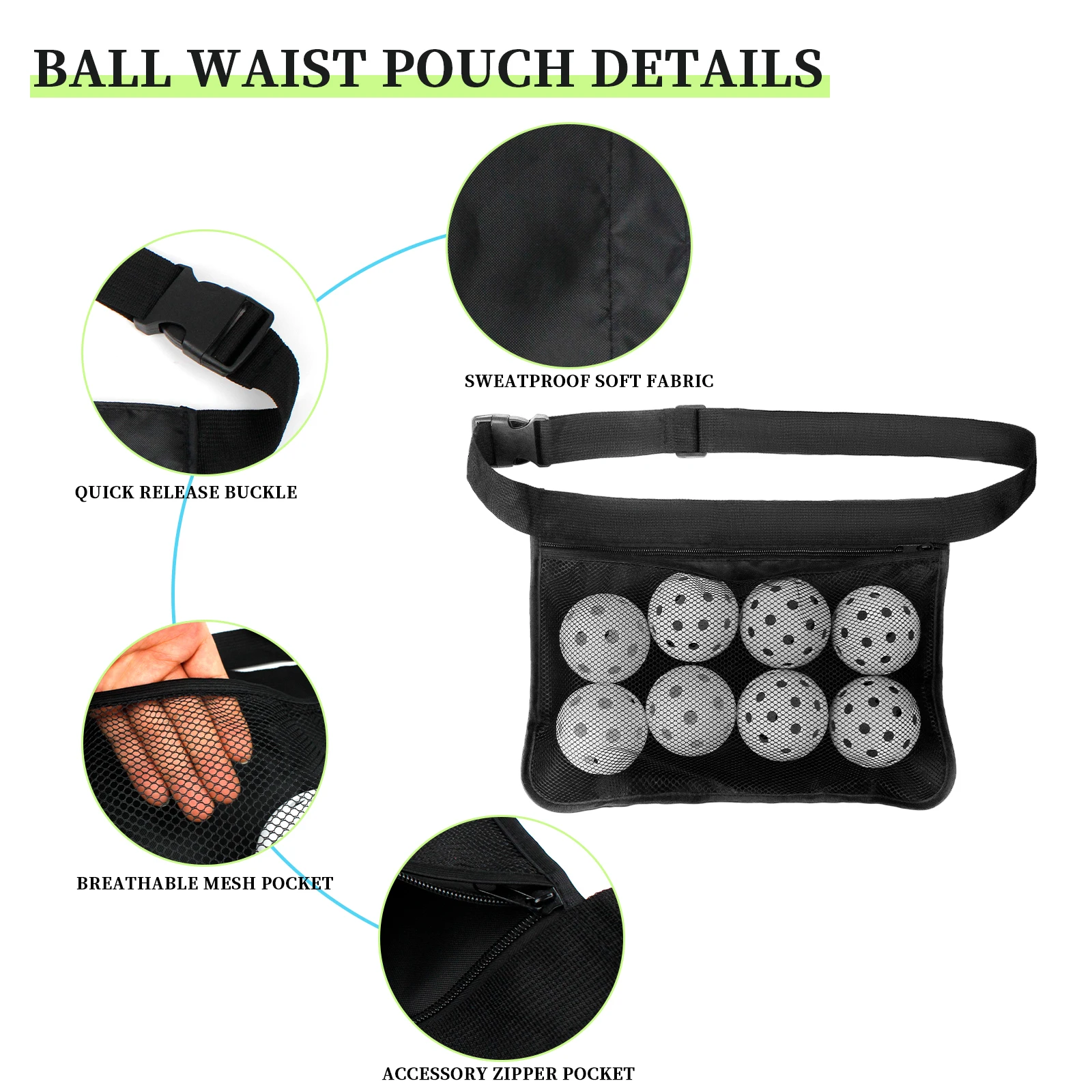 Portable Pickleball Holder Adjustable Waist Pickleball Pouch for Men Women Holding Tennis & Pickleball Accessory Black Color