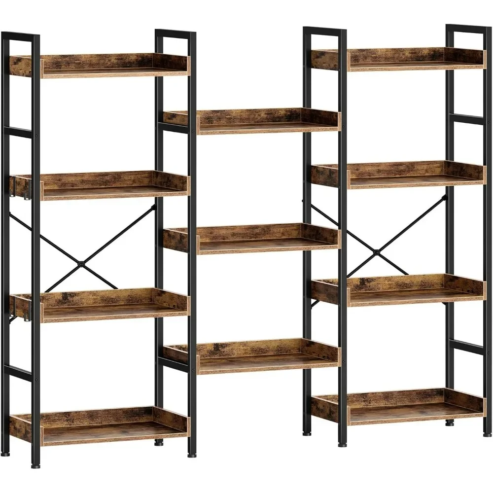 Bookshelf , Triple Bookcase with Open Display Shelves, Industrial Wide Bookshelf with Metal Frame