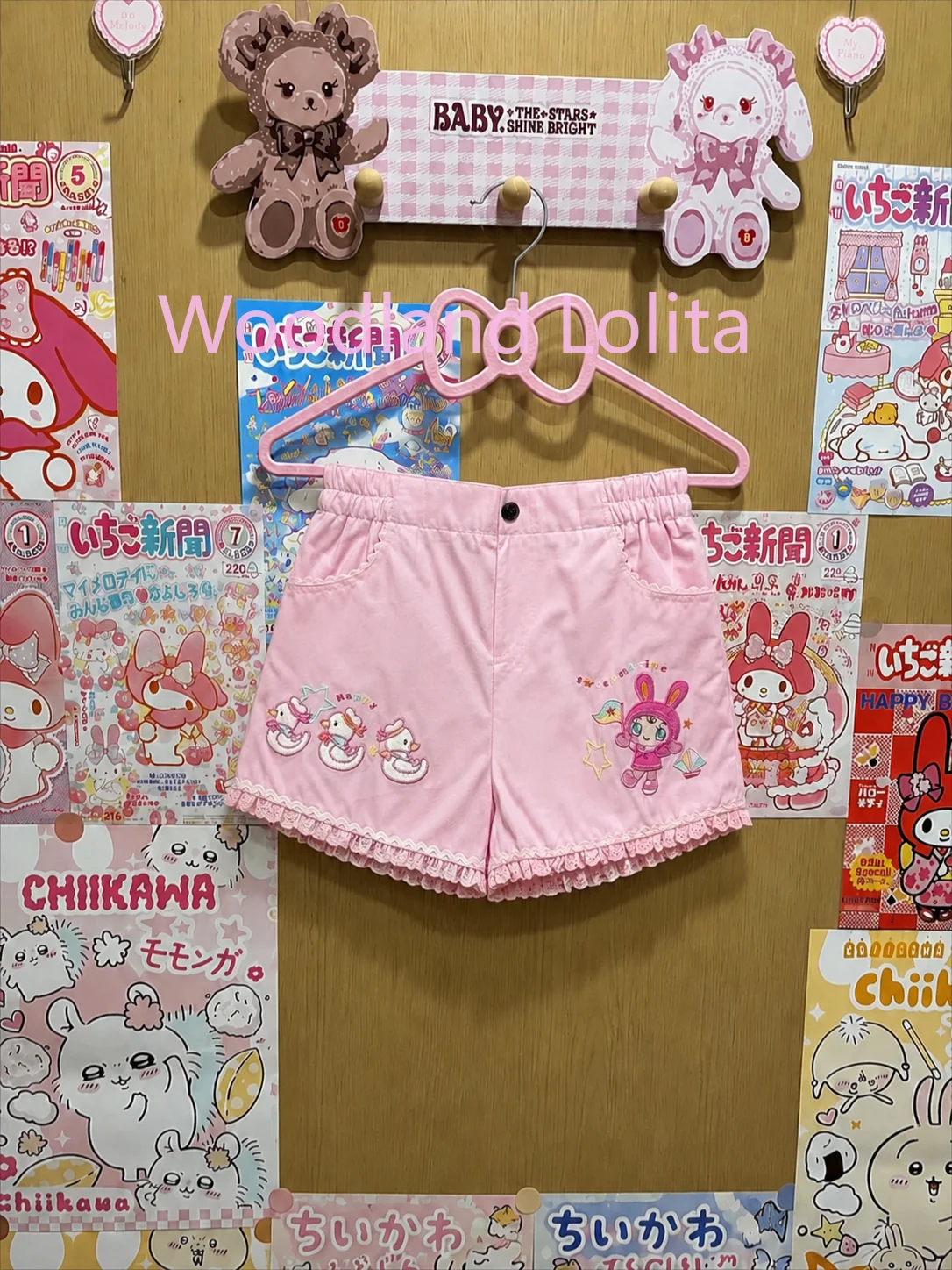 Vintage Fashion Preppy Style Stretch Waist Shorts Y2k Japanese Lace Edge Kawaii Embroidery Casual Short Pant Stright Leg Shorts