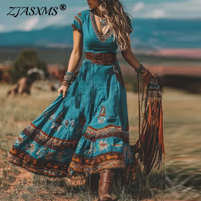 Ethnic Print Loose Hem Boho Western Dress 2026 Spring V Neck High Waist Long Dress Summer Short Sleeve Vacation Maxi Dress Mujer