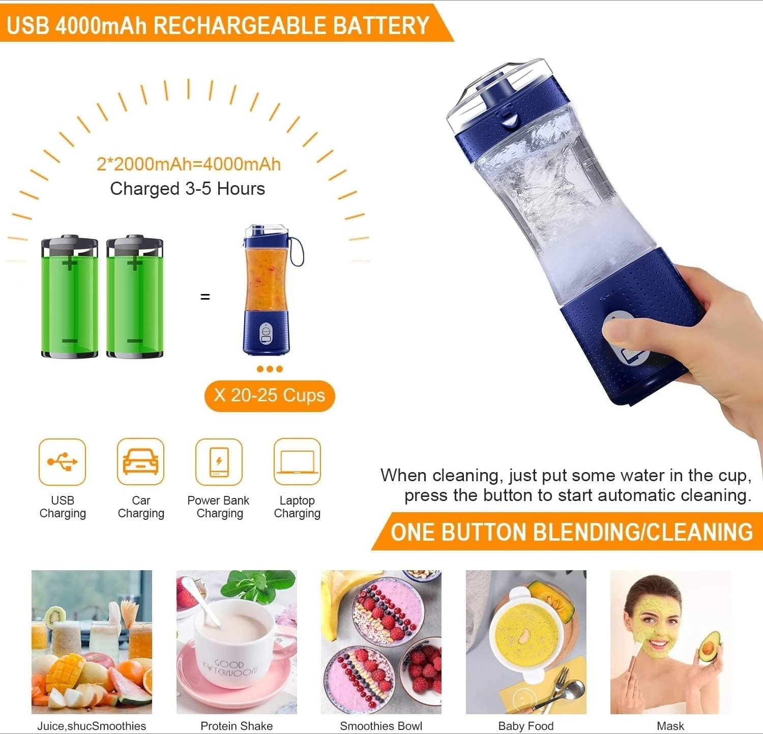 عصارة محمولة قابلة لإعادة الشحن عبر USB على كوب الخلاط مع شفاطات بروتين يهز الفاكهة خلاط صغير للتخييم في المكتب والرياضة المنزلية