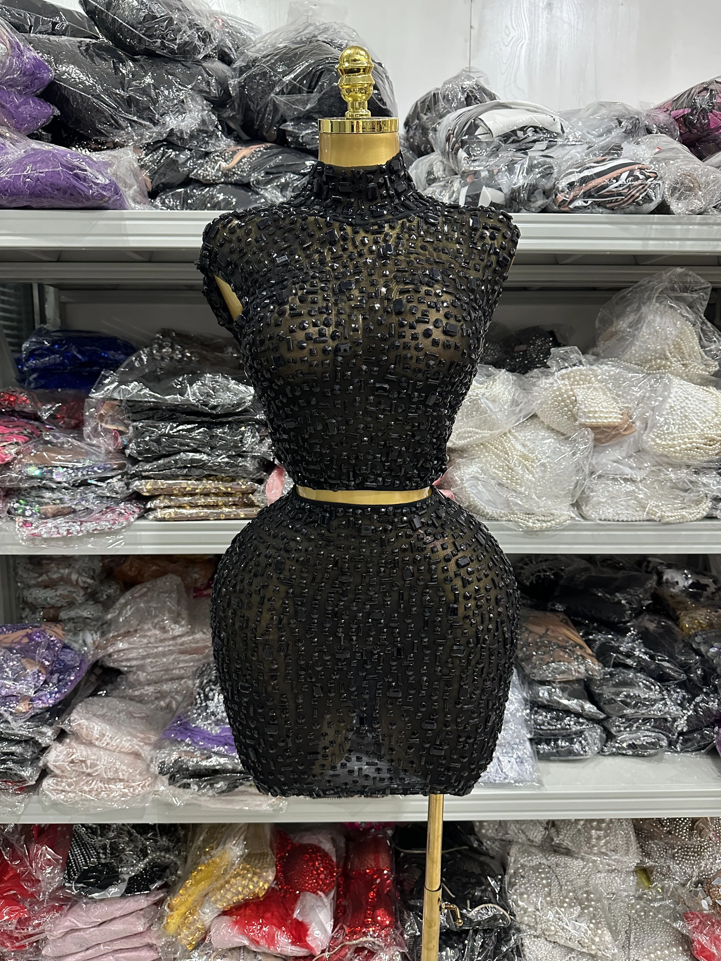 Women Sexy Two Pieces Set Women Skin Crystal Diamond Night Club Skirt Suits Singer Dancer See Through Stage Performance Costumes