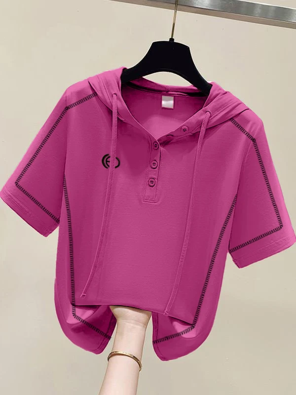 

Женская футболка-худи большого размера из чистого хлопка с вышивкой, летняя модная простая свободная облегающая топ-блузка