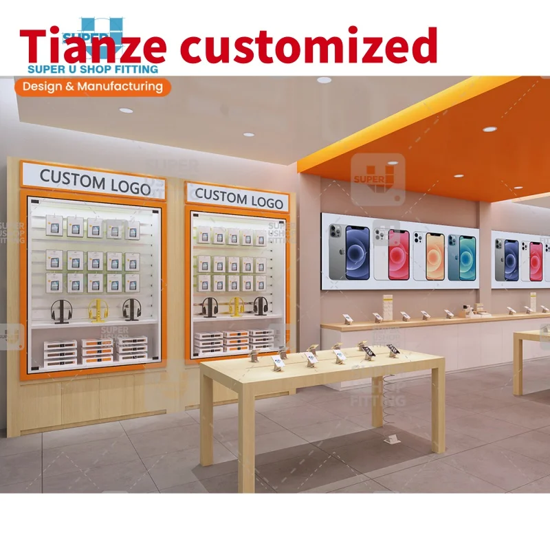 (Kunden spezifisch) elektronischer Handy-Shop Innen architektur Holz Handy Zubehör Display Stand Rack Telefon Vitrine wi