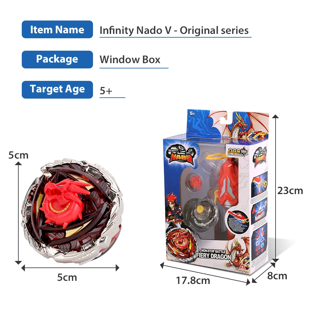 Infinity Nado 5 Original Series Fiery Dragon Non Stop Battle Set Metal Spinning Top Gyro WIth Magnetic Launcher Anime Kids Toys