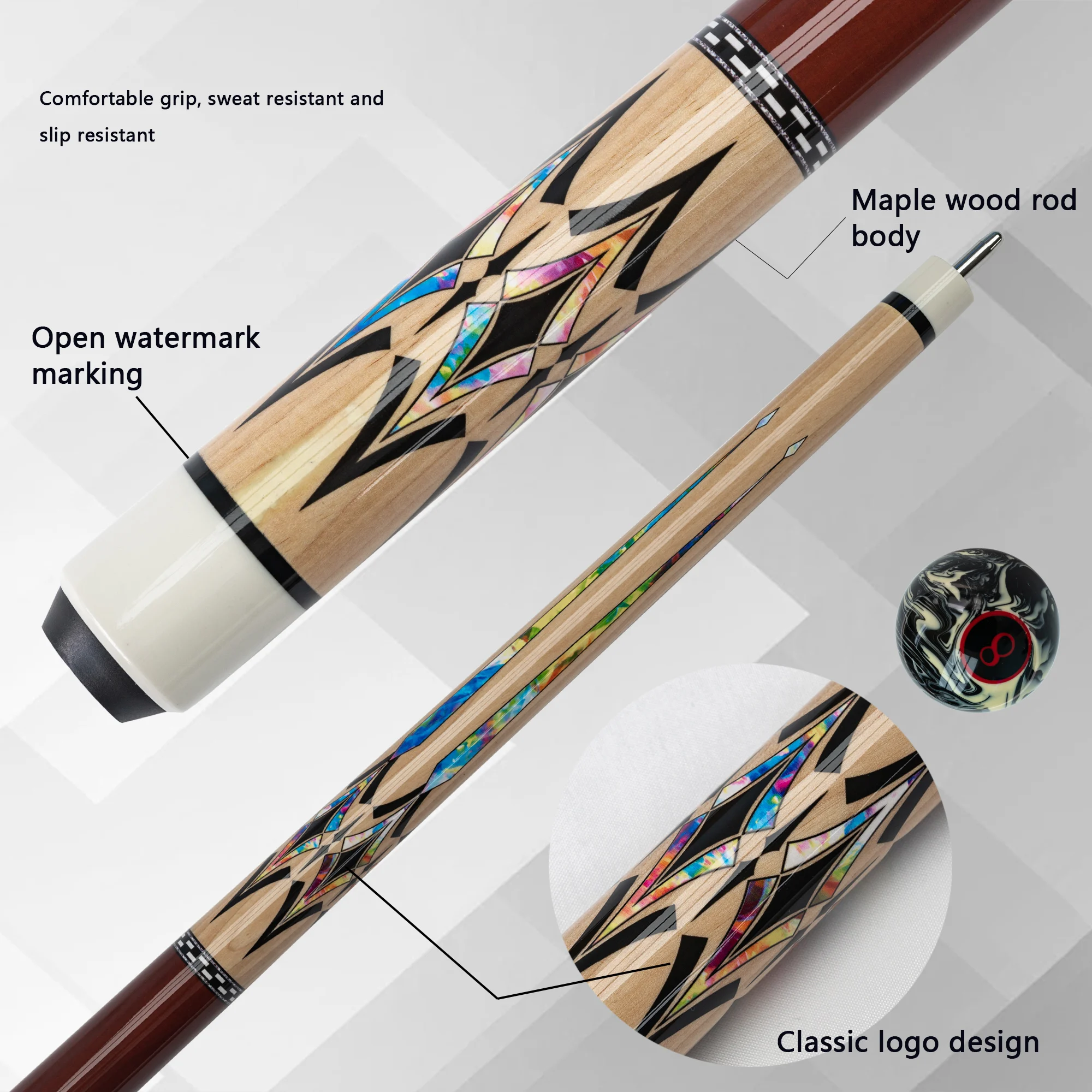 

High-Quality Maple Pool Cue with Vibrant Patterned Grip - Ideal for American Nine-Ball and Carom billiards Entertainment