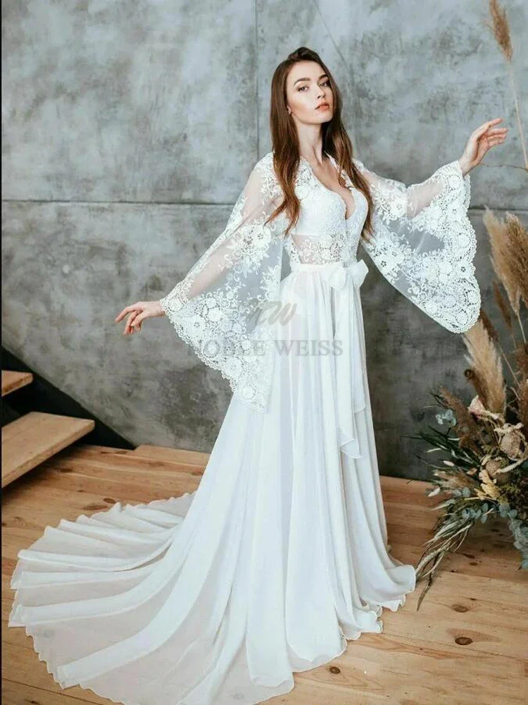 Lace Bridal Dressing Gown Long Sleeve Appliqued Wedding Bathrobes Women Boudoir Sleepwear Nightgown Wedding Robe Customized