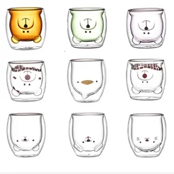 280ML Double Glass Cup Coffee Mug Bear Cat Dog Animal Transparent Cute Milk Juice Tea Drinking Cups Birthday Party Wine Glasses