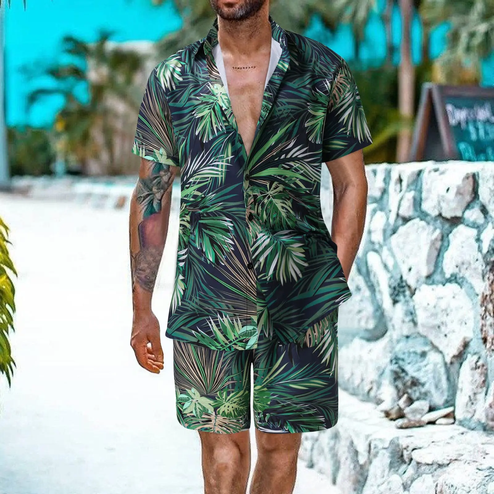 

Men's Two-piece Shirt For Casual Vacation Wear: Shirt, Short-sleeved Outfit, Hawaiian Shirt And Shorts With Plant Patterns
