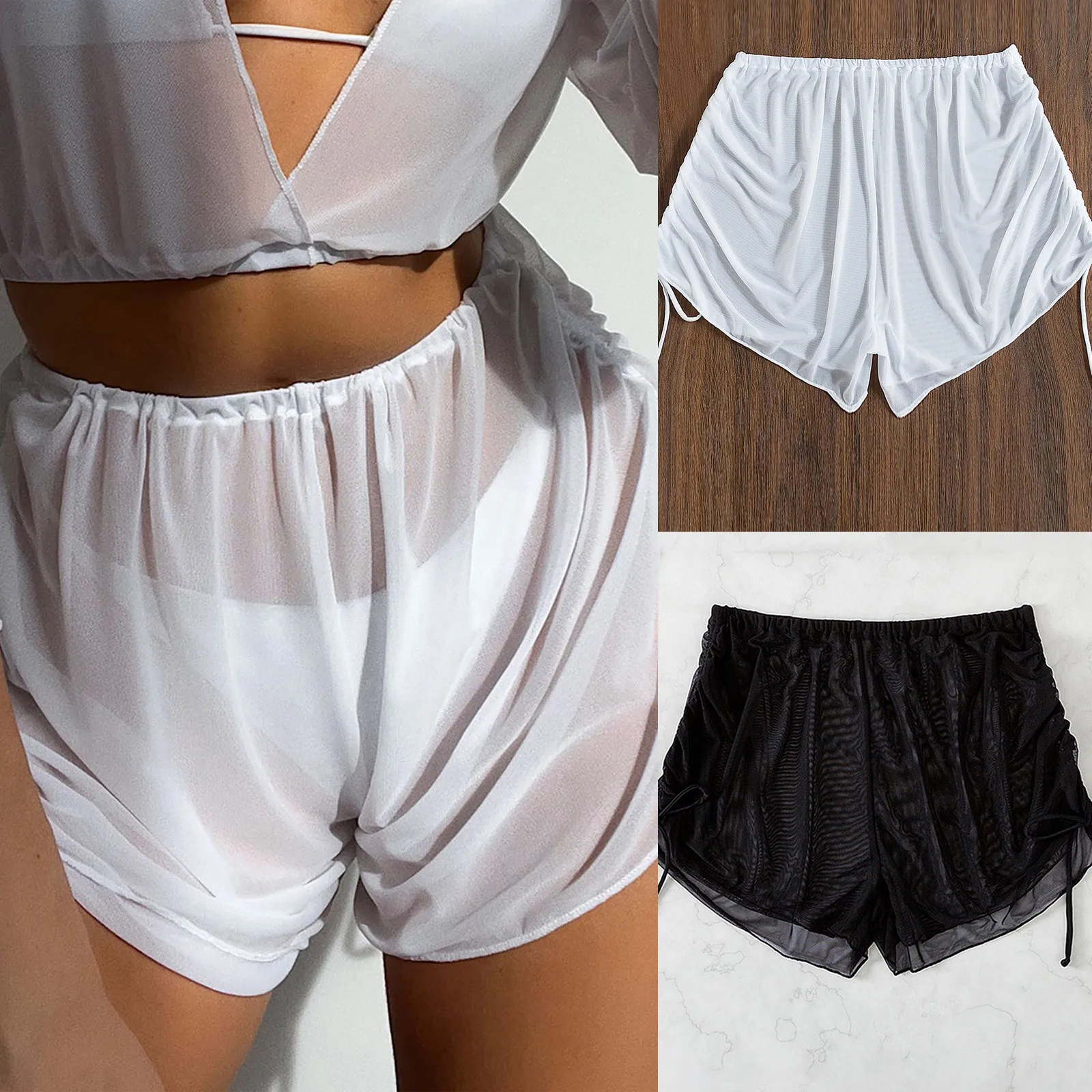 

Fashion Women's Black Beach Bikini Wraps Ruffle Shorts Sexy Mesh See Through Drawstring Beach Side For Swimwear Bikinis Set