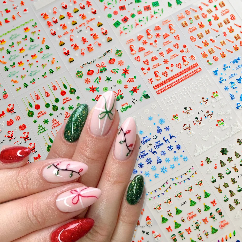 30szt Cute Cartoon Snowman Christmas Nail Art Sticker Sparkling Glitter Red/Green Nail Decals For New Year Manicure Akcesoria