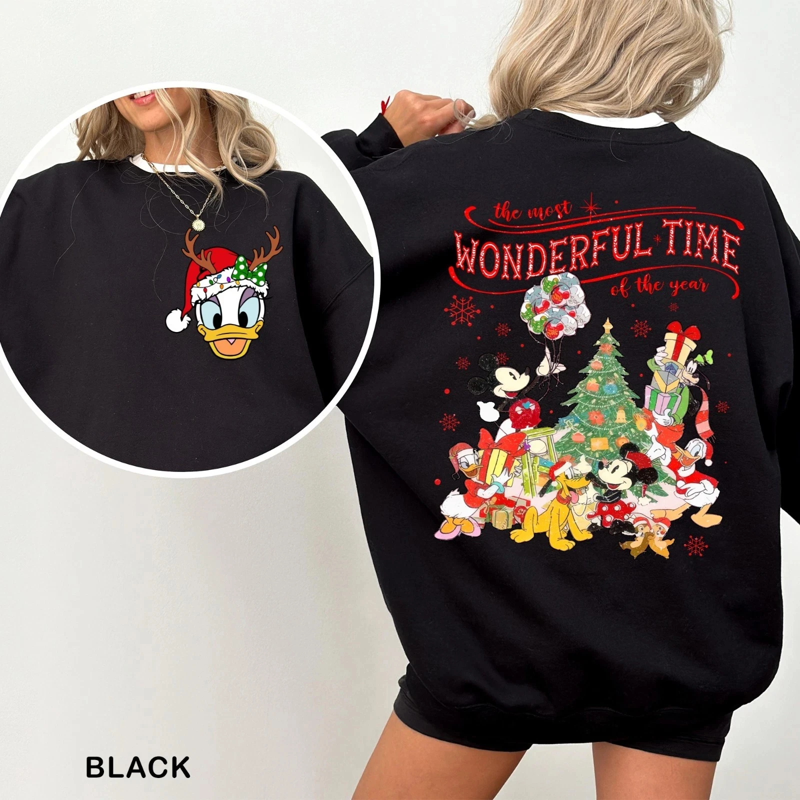 Sweat-shirt de noël avec personnages Disney, devant et dos, pull unisexe à col rond, Disney
