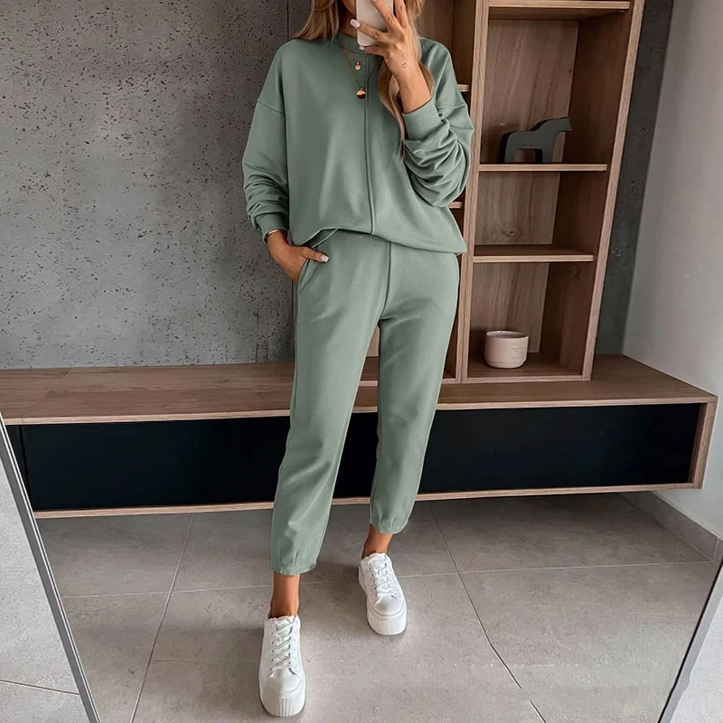 Casual Solid Loose Women Tracksuit 2 Pieces Round Neck Sweatshirt Pullover Sweatpants Outfits Winter Long Sleeve Sportswear Suit