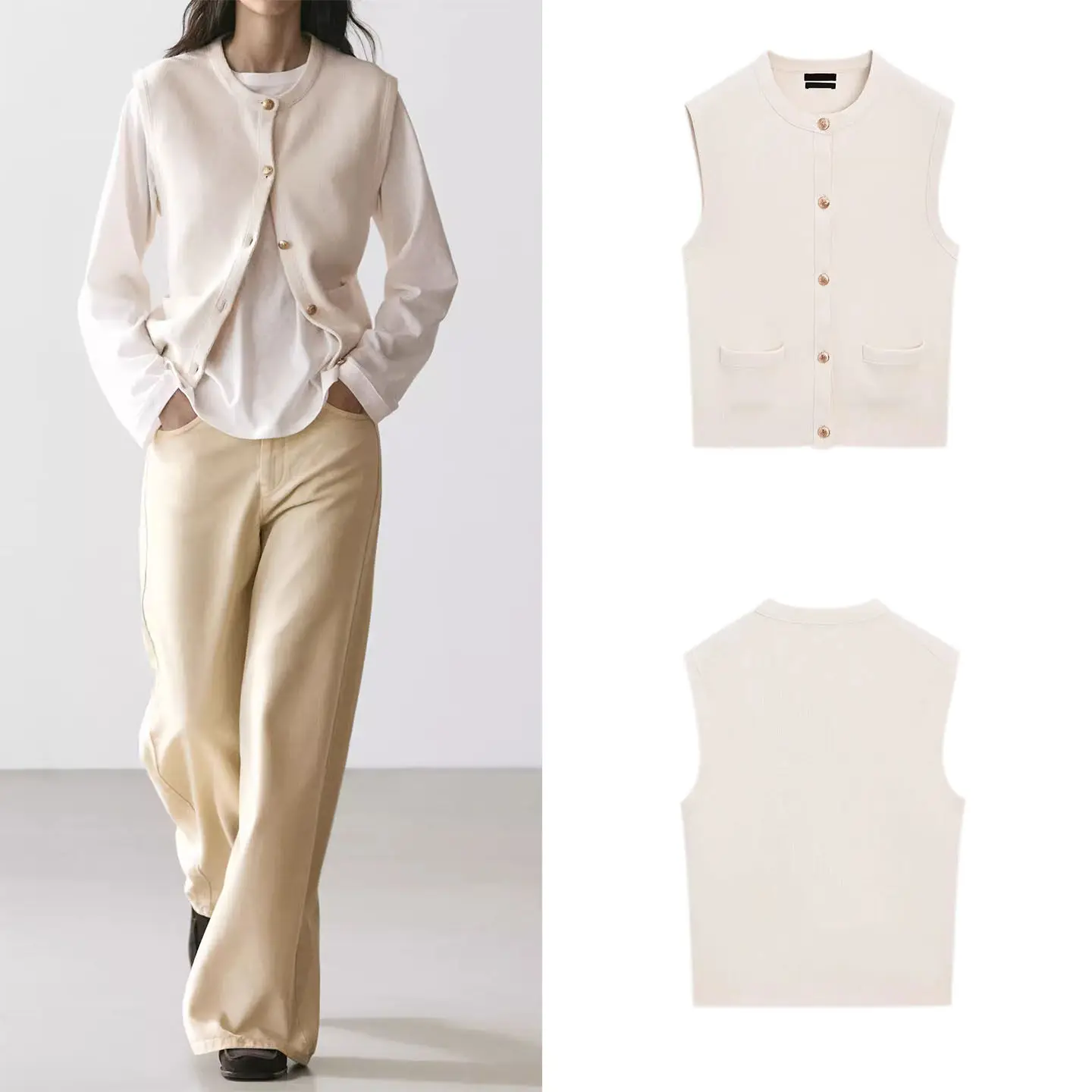 Women's Knitted Vest 2026 Spring New Style Single Button Pocket Decorated Fashionable Outerwear round Neck Standard Fit