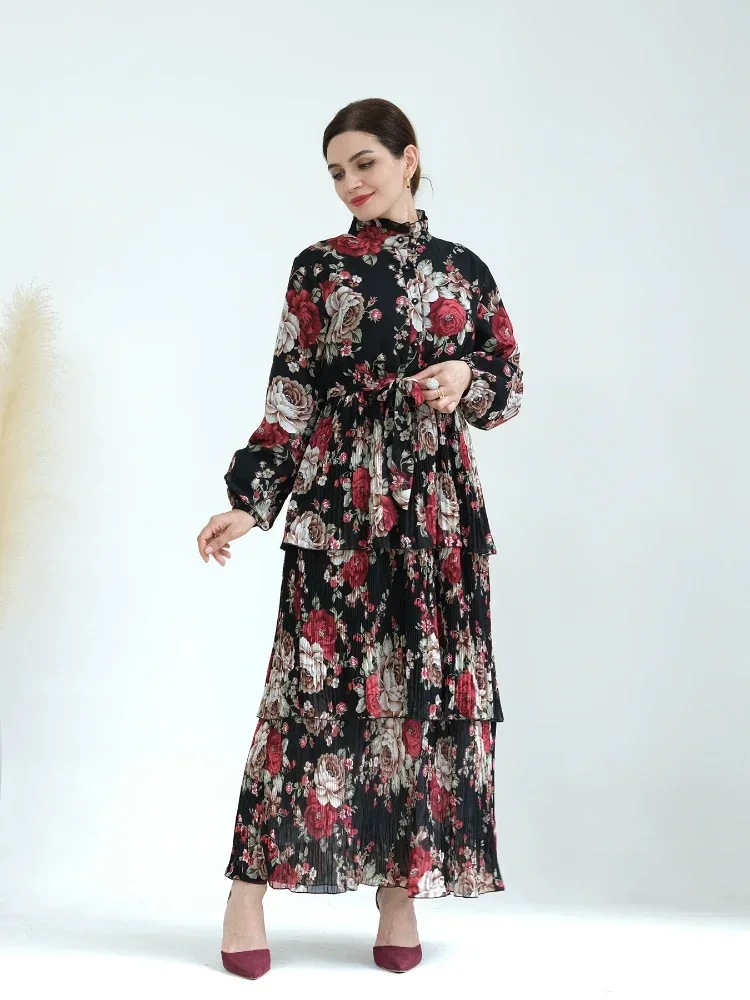 Eid Muslim 3 Layers Cake Pleated Dress Women Floral Print Abaya Jalabiya Lace-up Morocco Party Dresses Kaftan Vestidos Long Robe