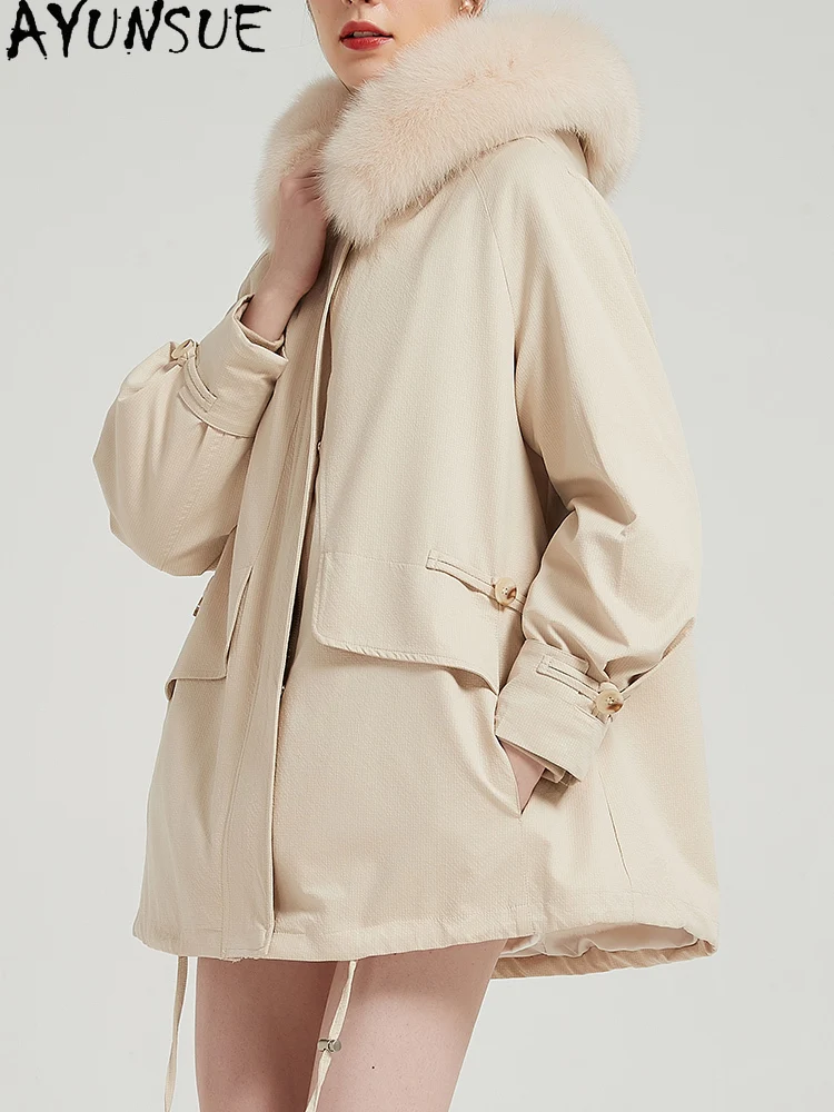 AYUNSUE Real Fur Parka Women 2025 Rex Rabbit Liner Detachable Warm Womens Coats Winter Clothes Fox Fur Collar Шуба Женская