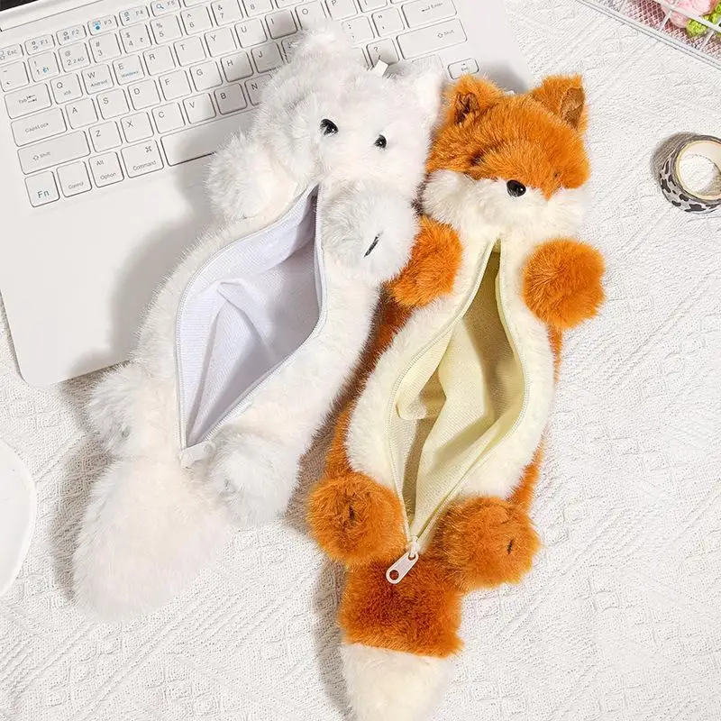 .Hot Sale-Cute Plush Fox Pencil Case,Kawaii Fluffy Animal Zipper Pouch for Student Stationery Cosmetic Storage Bag 2026