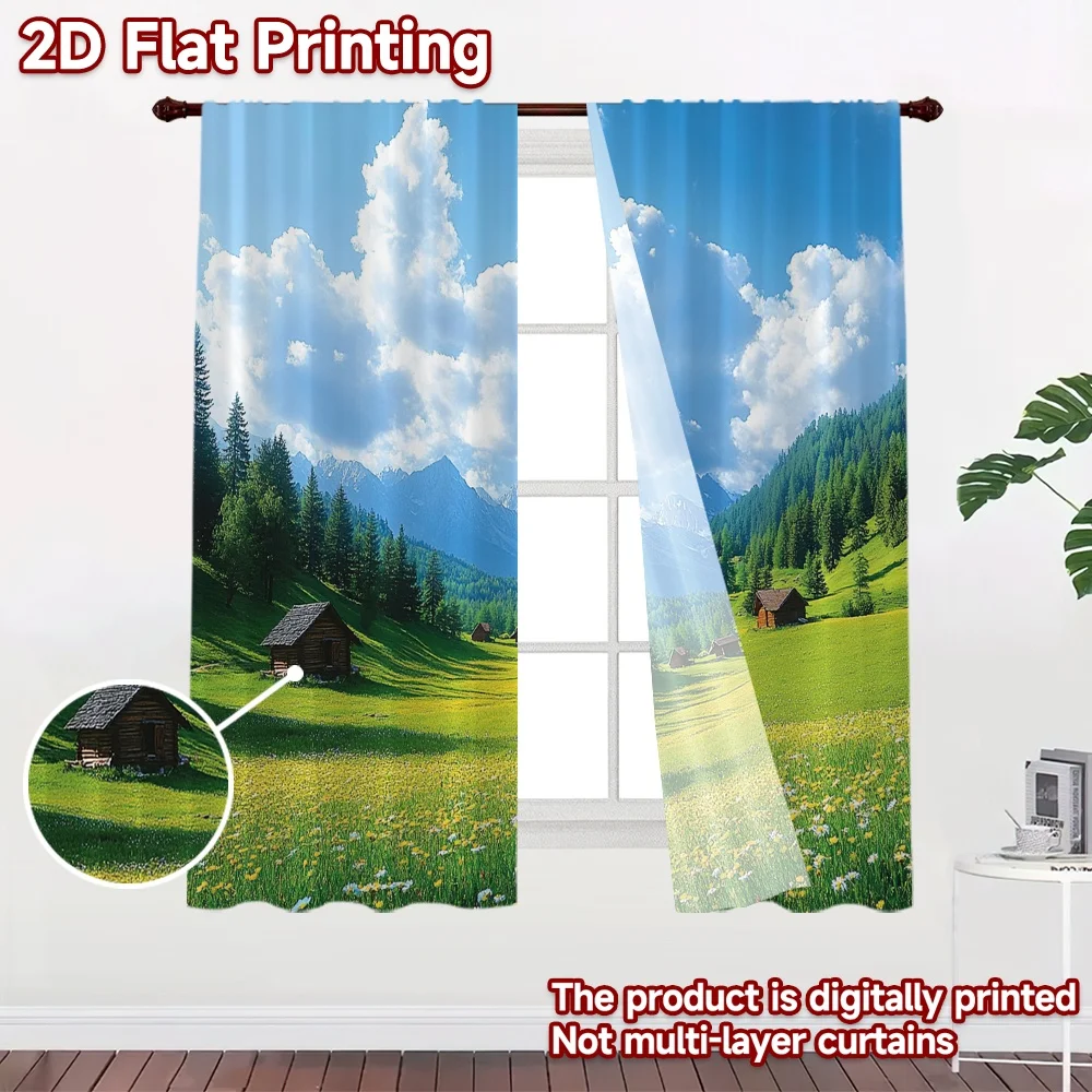 2D flat 2pcs Curtain French Romantic Style Mountain Meadow Cabins Digitally printed polyester, colorfast Festive Wall Decor