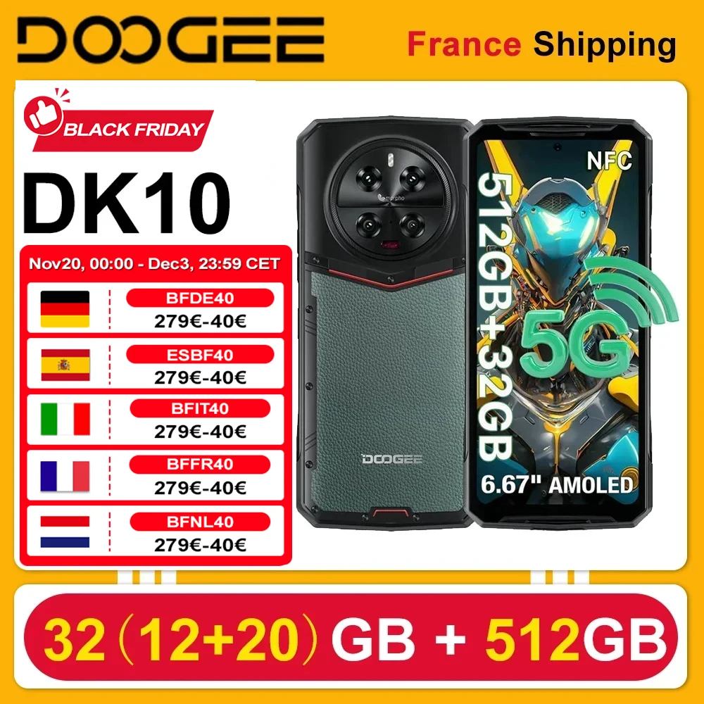 DOOGEE DK10 5G Smartphone 32GB(12+20) RAM 512GB ROM 120W 5150mAh 50W Wireless Charging 6.67" AMOLED 50MP NFC Mobile Phone