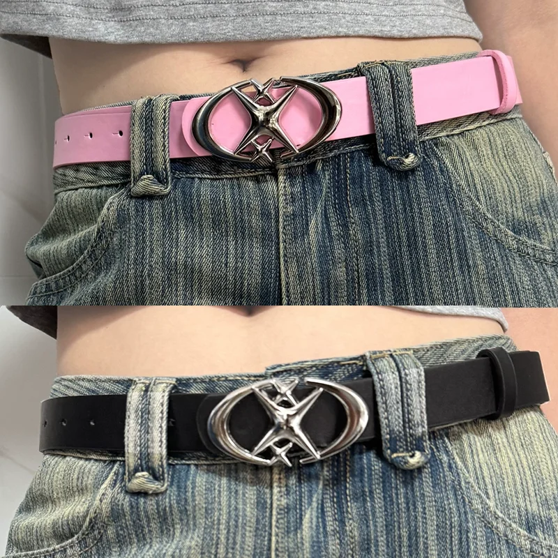 2025 Spicy Girl Pink PU Leather Belt Metal Punk Cross Buckle Moon Star Buckle Belt Waistband Women Y2K Versatile Decoration