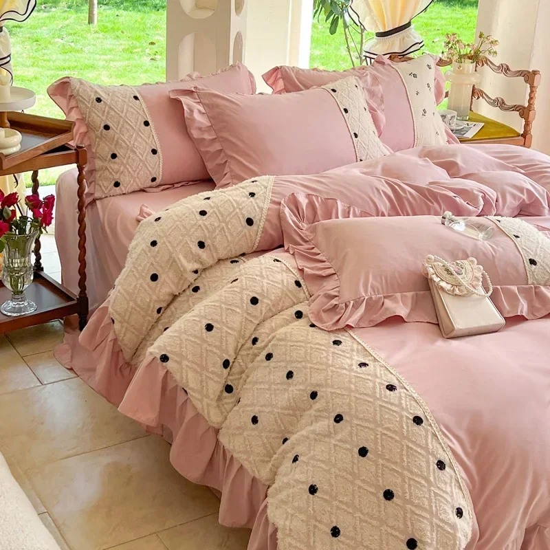 Korean Princess Style Chiffon Bedding Set 100% Cotton Elegant King Size Duvet Cover Set with Sheets Quilt Cover and Pillowcases