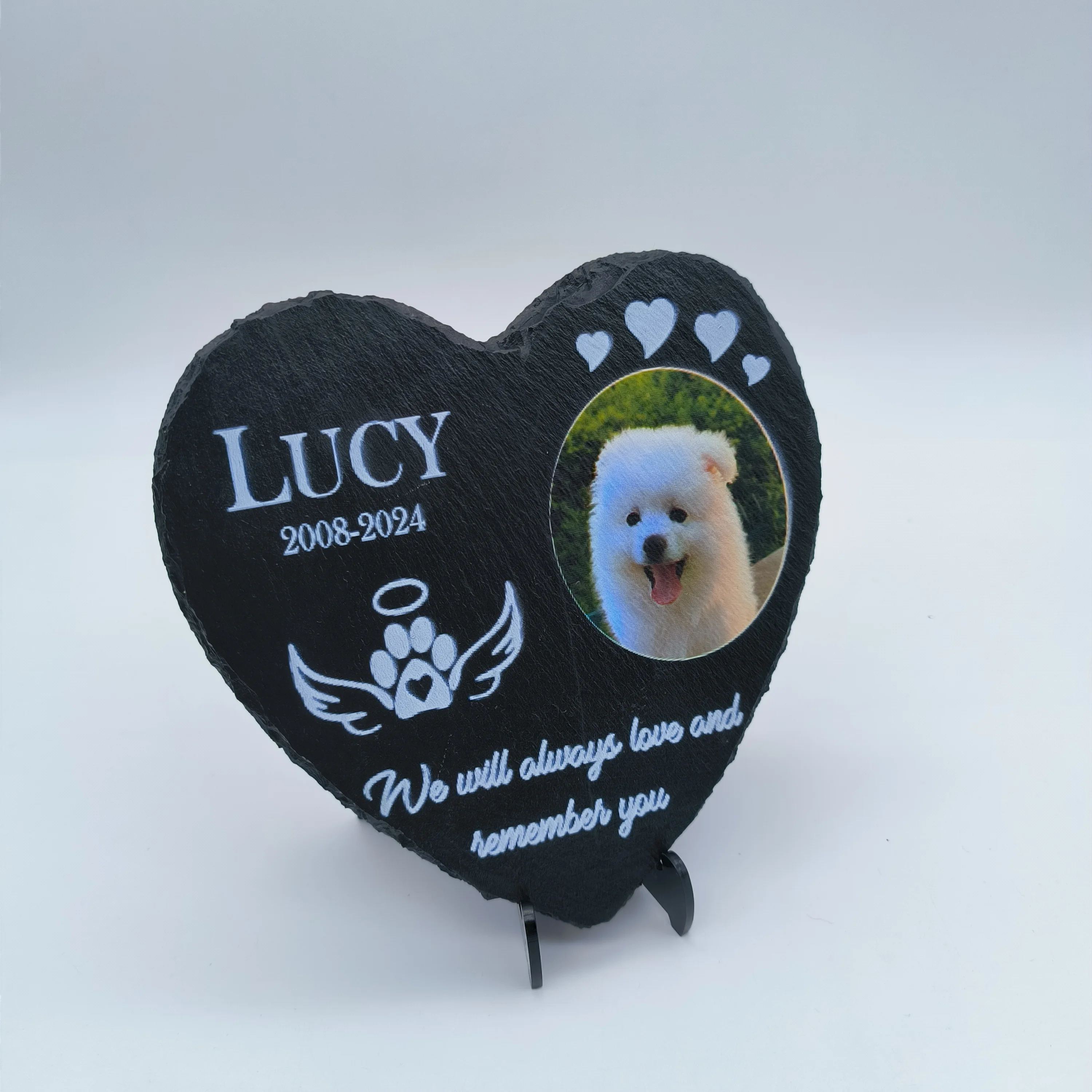 Placa de pizarra conmemorativa para mascotas en forma de corazón personalizada, lápidas de pizarra personalizadas para mascotas con fotos y nombres, lápida de piedra Natural