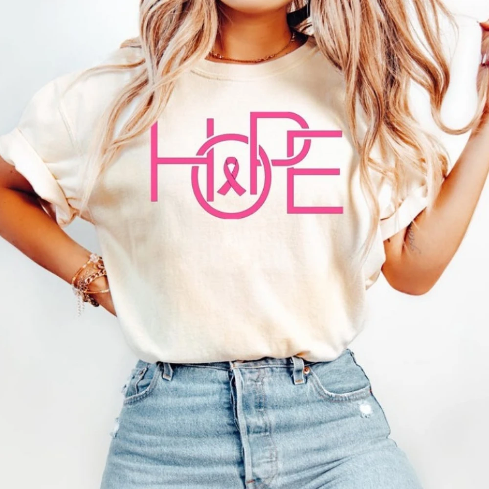 

Breast Cancer Fighter Hope Shirt Cancer Ribbon T-Shirt Women Pink October Sweatshirt Casual Women Soft Cotton Tops