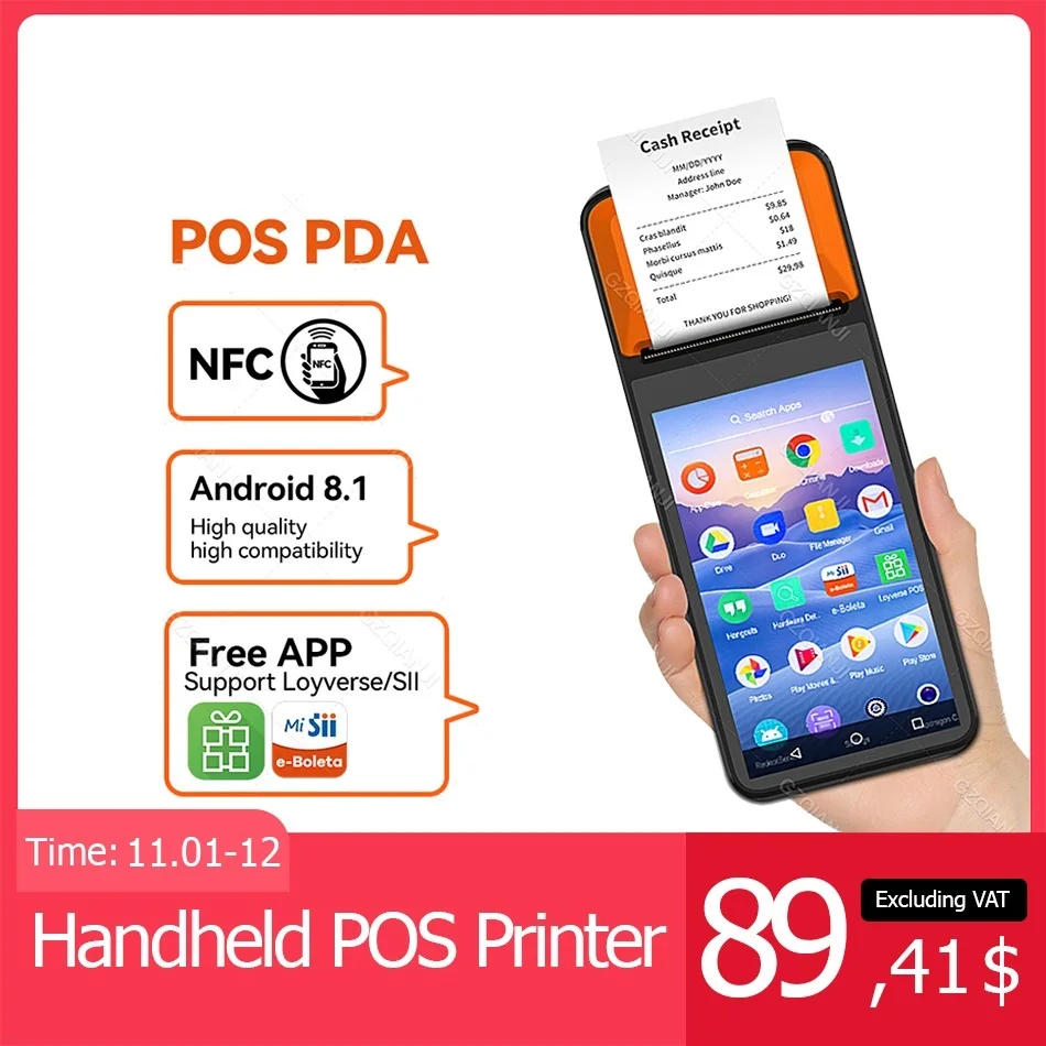 To 8.1 Android Handheld Pos Terminal PDA Bluetooth 58mm Thermal Printer Portable Camera NFC Mobile Devices E-bolate Loyverse